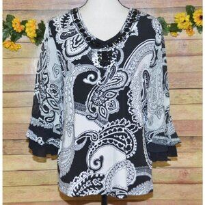 Multiples Ladies L Black & White Paisley Beaded Collar Blouse Top 3/4 Sleeve